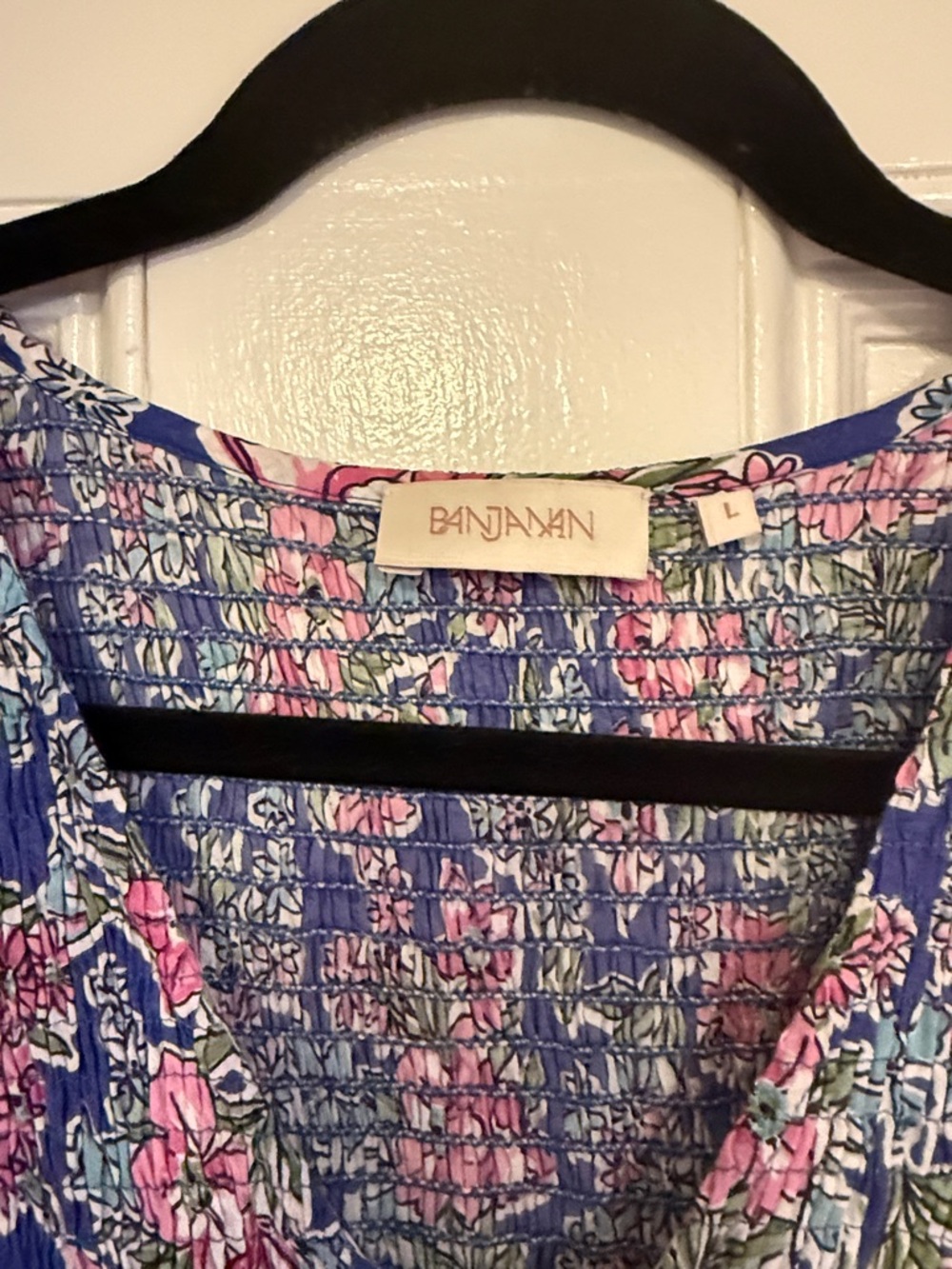 Banjanan Blue Floral Smocked Midi Dress with Pink & Green Accents size large - Picture 3 of 8